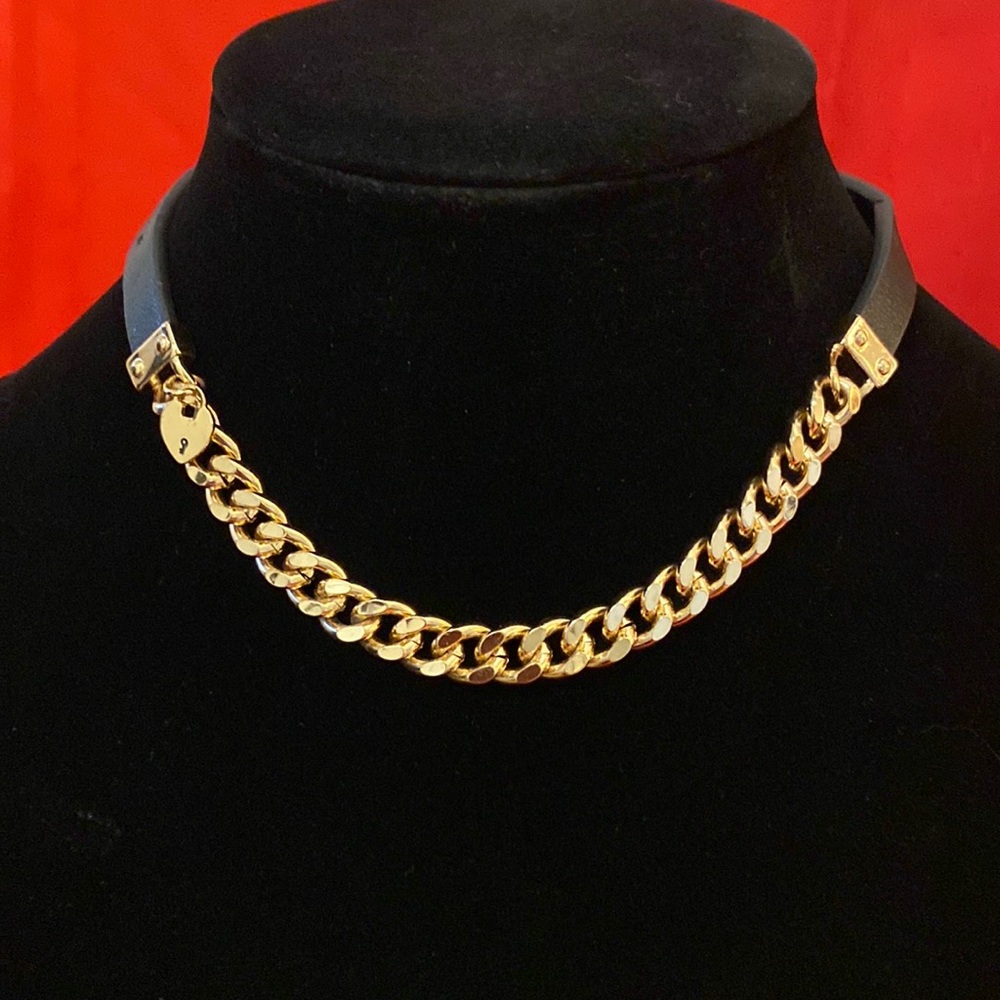 Victoria Emerson Gold Cuban Link With Black Belt Buckle Strap Choker Necklace